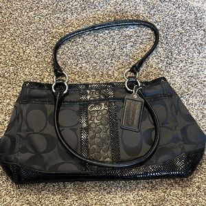 Coach Park Signature Stripe and Leather Black Handbag